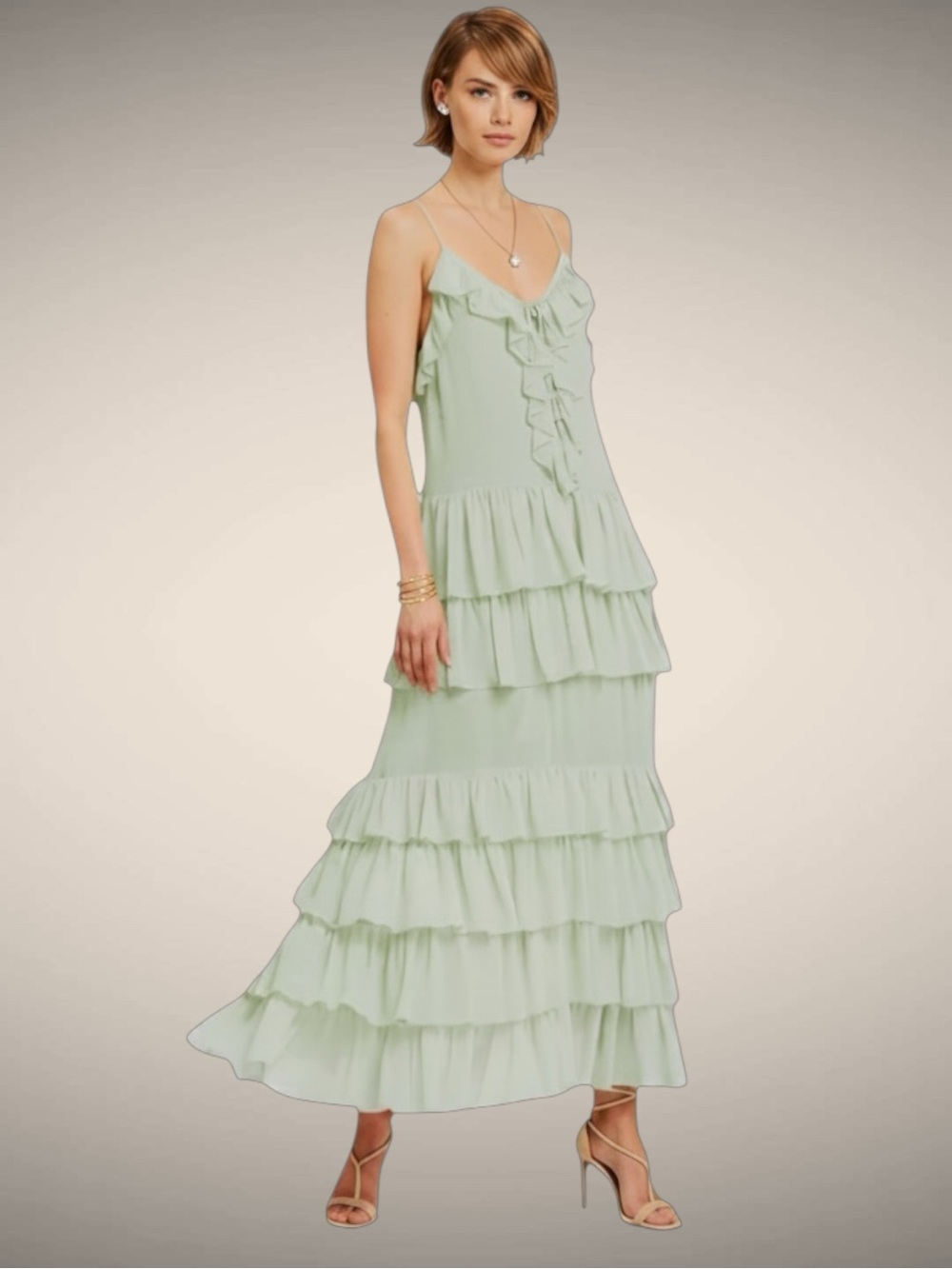 Torn by Ronny Kobo Orcadia Tiered Ruffle Romantic Maxi Dress Sage Green NWT